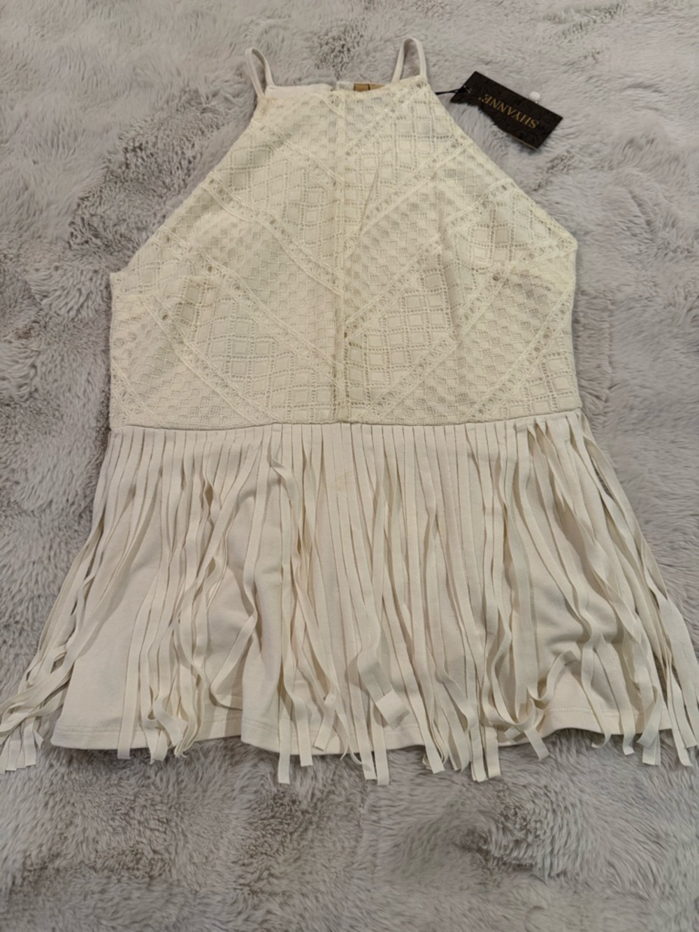 Shyanne Cream Crochet Fringe Halter Tank Top